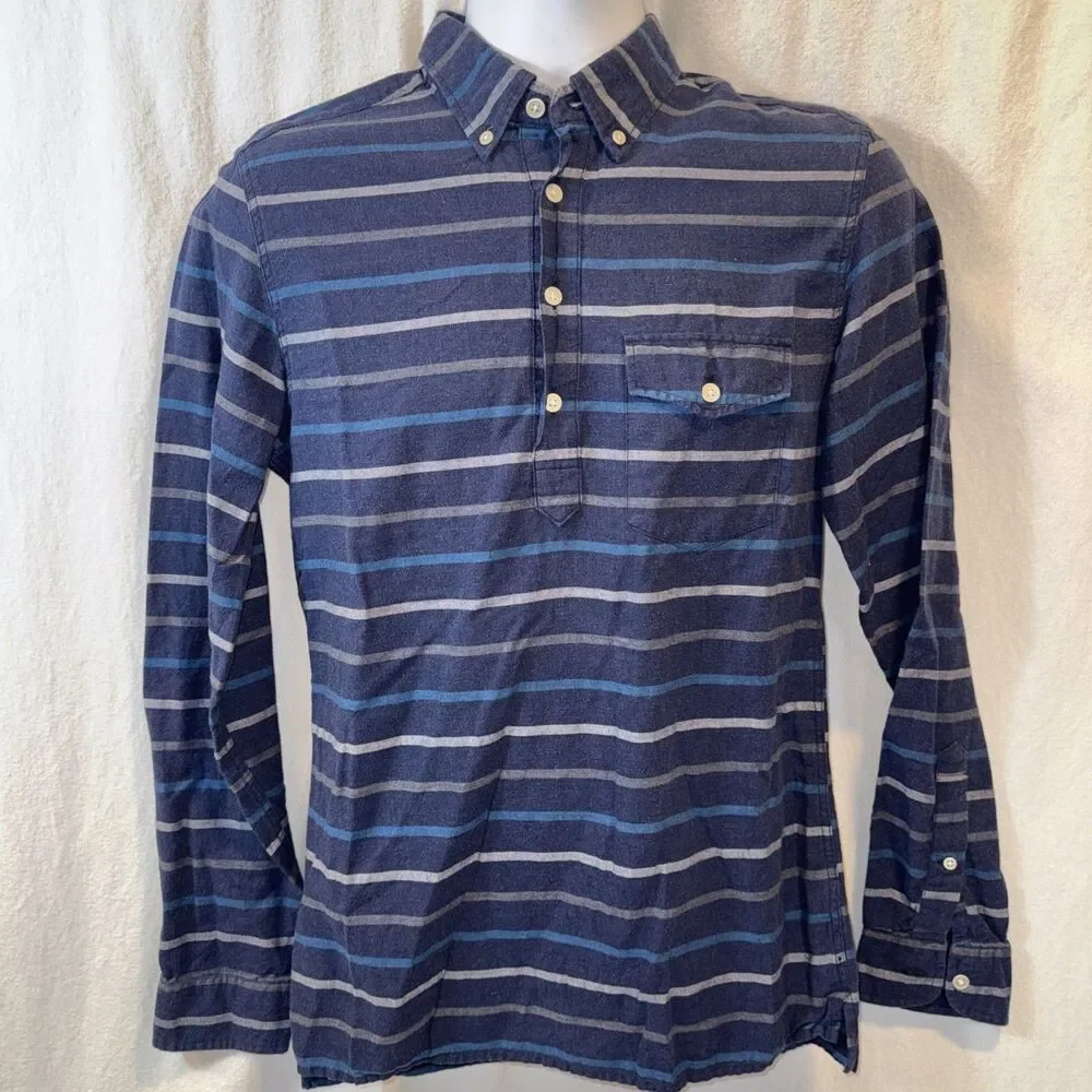 J. Crew Men’s Popover Striped Blue Casual Shirt Size Small Chest Pocket